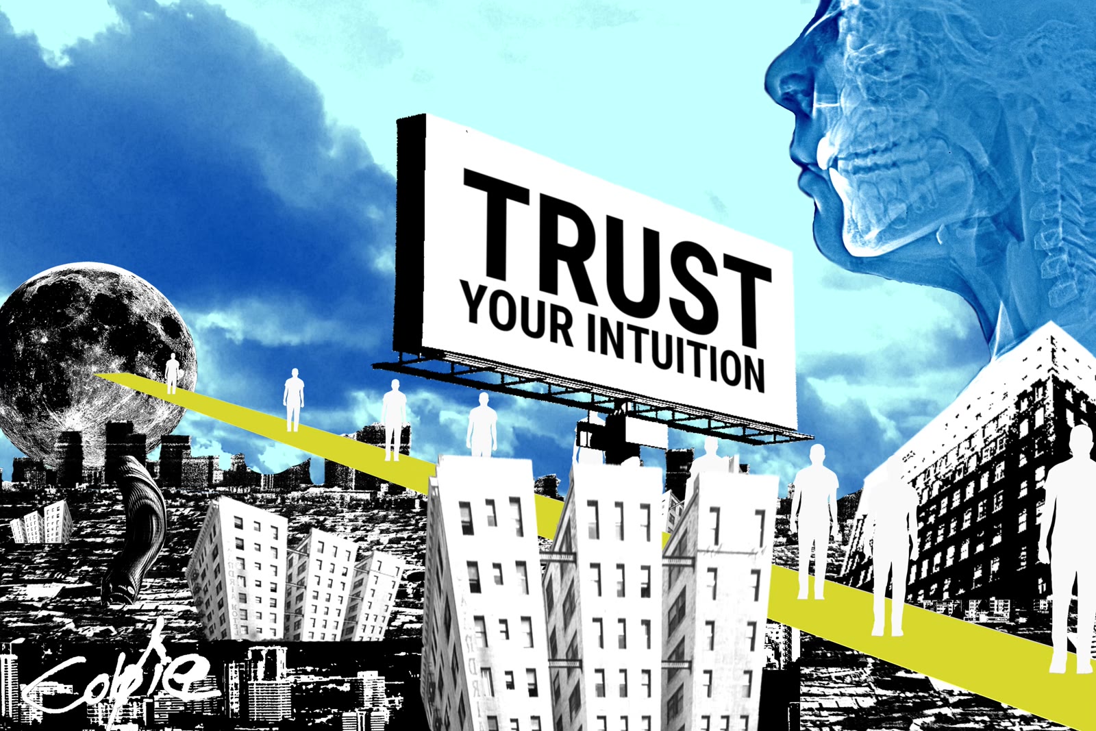 Still from Trust Your Intuition by Coldie: a billboard over a halftone city under a blue sky